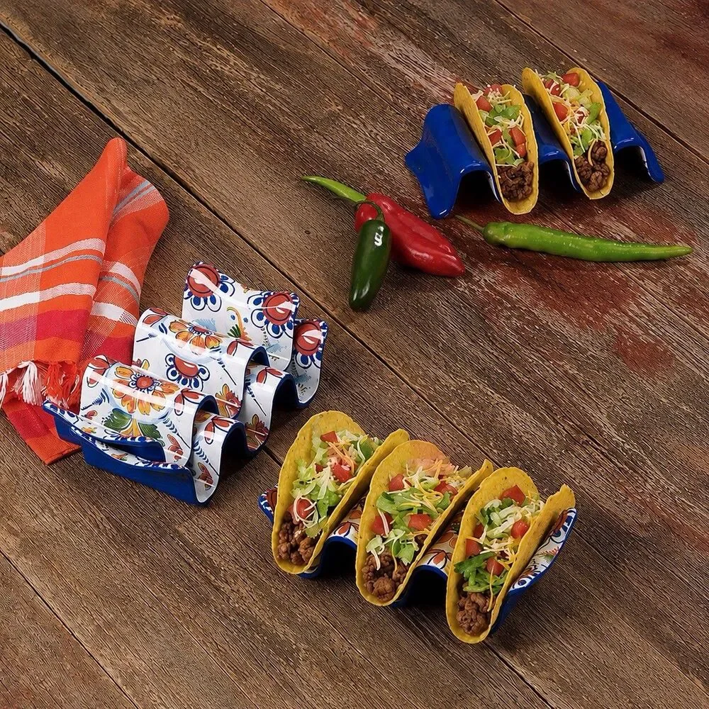Prepara Talavera Inspired Taco Holders Set of 4 Reversible Floral Melamine